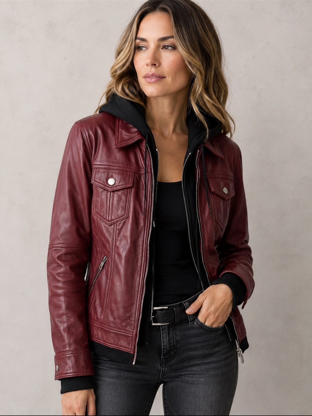 Real Leather Genuine Leather Trucker Jacket in Burgundy Wine Detachable Hood